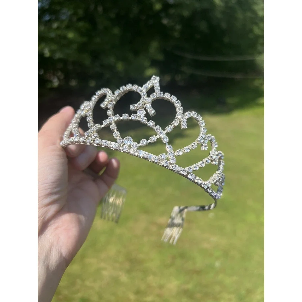 Jeweled Heart Silver Crown - Rhinestone Wedding Costume Tiaras for Girls New‎